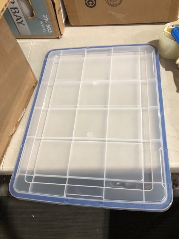 Photo 5 of **2 CONTAINERS / 1 LID**
IRIS USA 60 Quart WEATHERPRO Plastic Storage Box with Durable Lid and Seal and Secure Latching Buckles, Clear With Blue Buckles, Weathertight, 3 Pack 60 Quart - 3 Pack