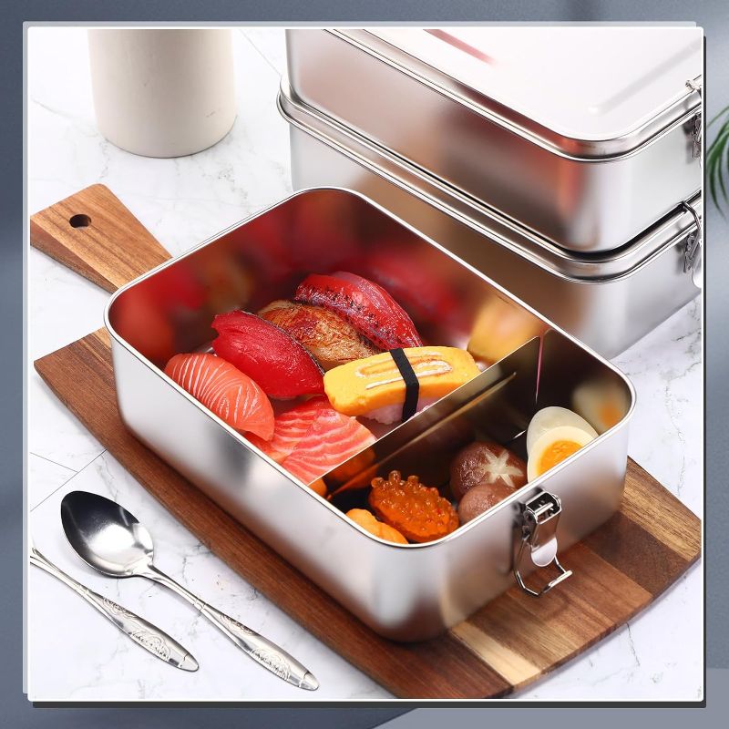 Photo 1 of 2 PCS Stainless Steel Bento Box 2400ml Metal Lunch Box Food Storage Containers Metal Lunch Container, Lockable Clips to Leak Proof, Reusable Dishwasher Safe Lunch Snack Boxes for Work, School