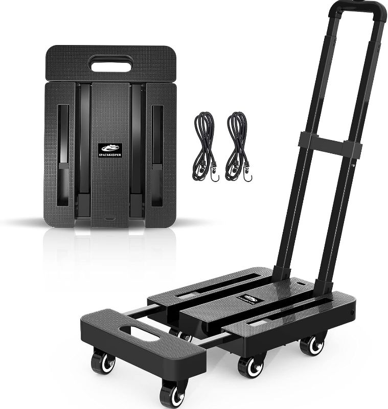 Photo 1 of SPACEKEEPER Folding Hand Truck, 500 LB Heavy Duty Luggage Cart, Utility Dolly Platform Cart with 6 Wheels & 2 Elastic Ropes for Luggage, Travel, Moving, Shopping, Office Use, Black
