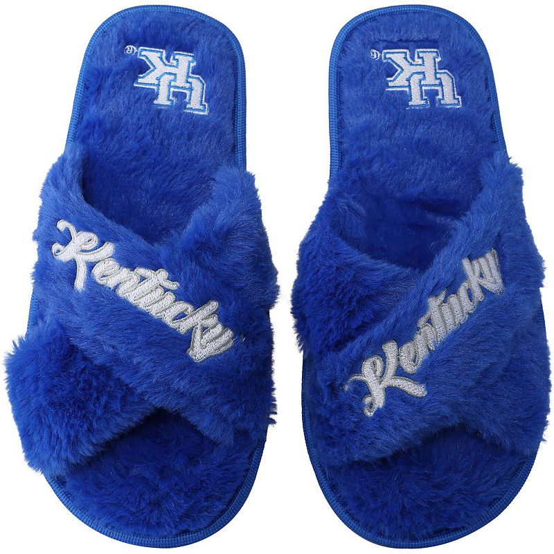 Photo 1 of [Size L] FOCO Womens NCAA College Team Script Wordmark Fuzzy Cross Slide Slippers Kentucky Wildcats 9-945 Team Color