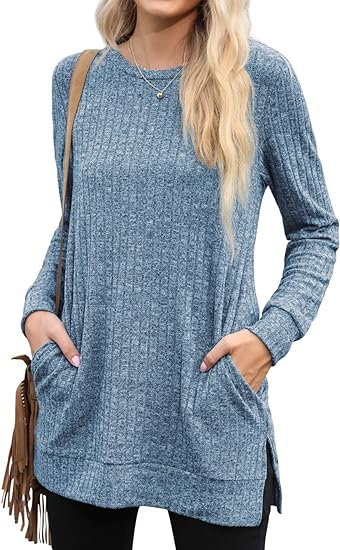 Photo 1 of [Size M] PrinStory Women's Fall Tunic Tops Soft Fit Round Neck Lightweight Long Sleeve Side Split Sweatshirt with Pocket- Blue