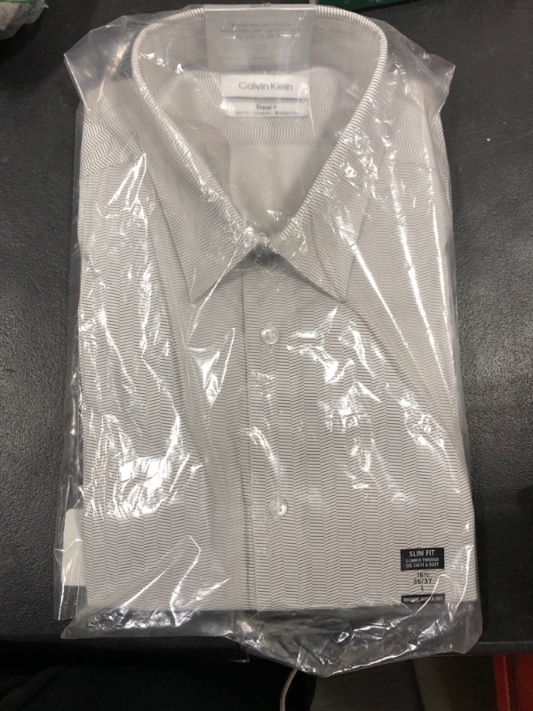 Photo 2 of [Size L] Calvin Klein Men's Steel+ Slim Fit Stretch Wrinkle Free Dress Shirt - Gray
