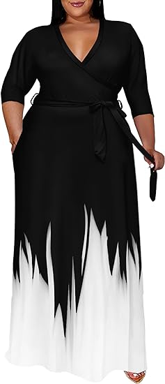 Photo 1 of [Size 4XL] Runwind Plus Size Dresses for Women Gradient Maxi Dress Flowy 3/4 Sleeve with Belt- Black and White Stripe