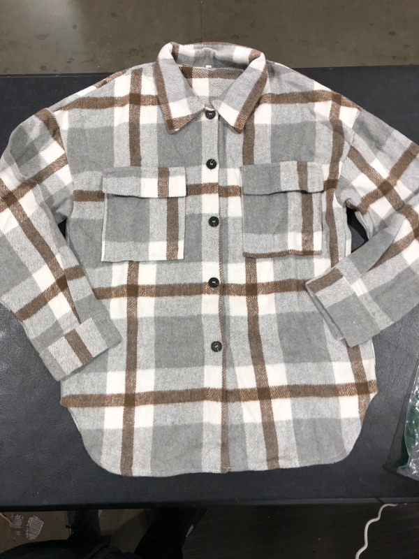 Photo 2 of [Size S] ZSQZJJ Autumn And Winter Women's Long Sleeve Loose Medium Long Lapel Plaid Button Flannel Shirt Coat
