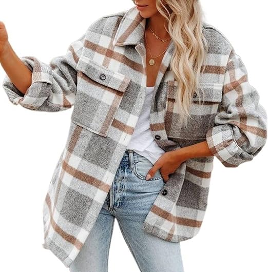 Photo 1 of [Size S] ZSQZJJ Autumn And Winter Women's Long Sleeve Loose Medium Long Lapel Plaid Button Flannel Shirt Coat
