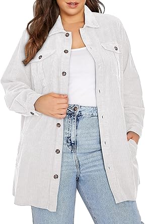 Photo 1 of (2X) Eytino Women's Plus Size Jacket Casual Long Sleeve Button Up Flannel Plaid Shacket Coats with Pockets