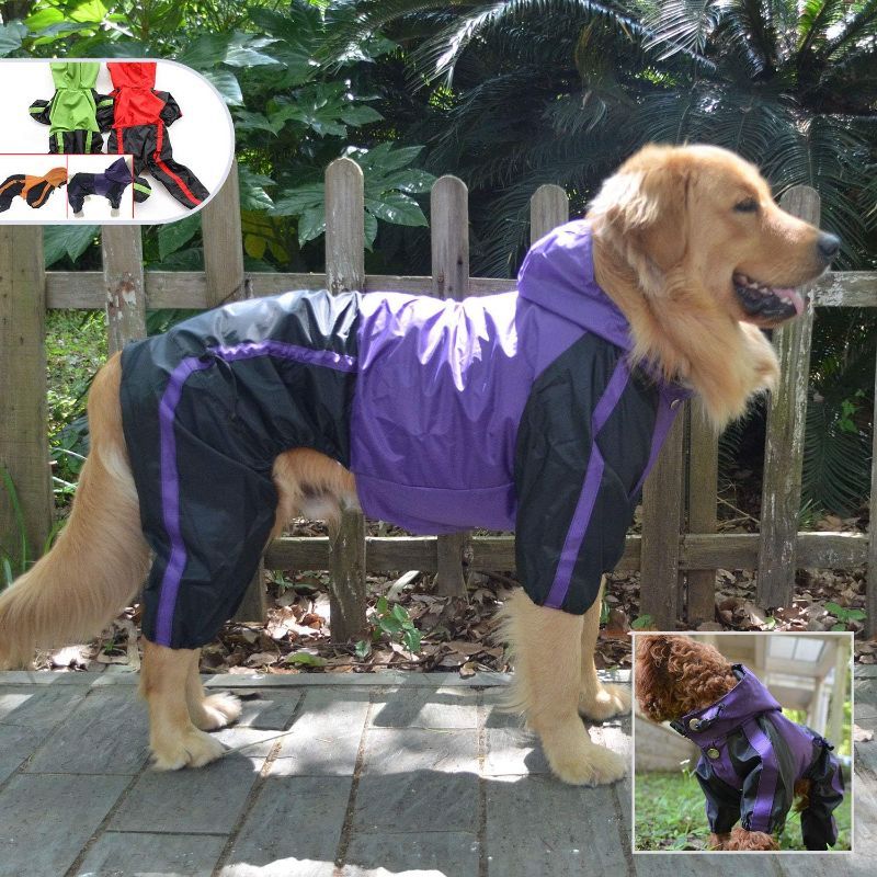 Photo 1 of (M) Dog Hooded Raincoat, Large Dog Rain Jacket Poncho Waterproof Clothes with Hood Breathable 4 Feet Four Legs Rain Coat Purple