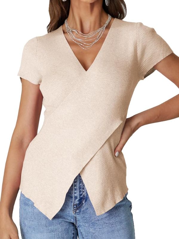 Photo 1 of (XL) LYANER Women's Summer Rib Knit Wrapped V Neck Slit Hem Short Sleeve Blouse Tee Top