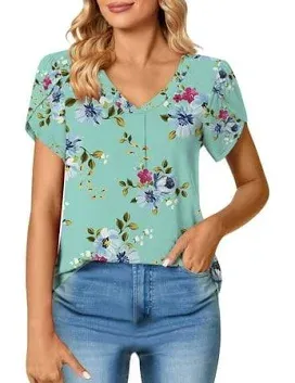 Photo 1 of (s) Escaco Women's Petal Sleeve T-Shirts V Neck Short Sleeve Tops Cute Summer Casual Shirts Lightweight Loose Fit Blouses 