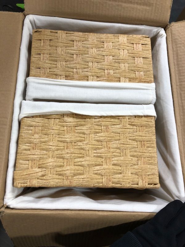Photo 1 of Wicker Storage Basket, Vagusicc Set of 3 Plastic Wicker Baskets, Waterproof Rectangle Woven Storage Basket for Toilet Shelf Baskets with Liners Storage Baskets for Shelves Bathroom Pantry, Natural