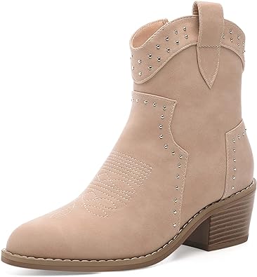 Photo 1 of (9) YETIER Cowboy Boots for Women Embroidered Western Cowgirl Booties with Chunky Stacked Heel Pull-On Stitched Ankle Boots Side Zipper) 