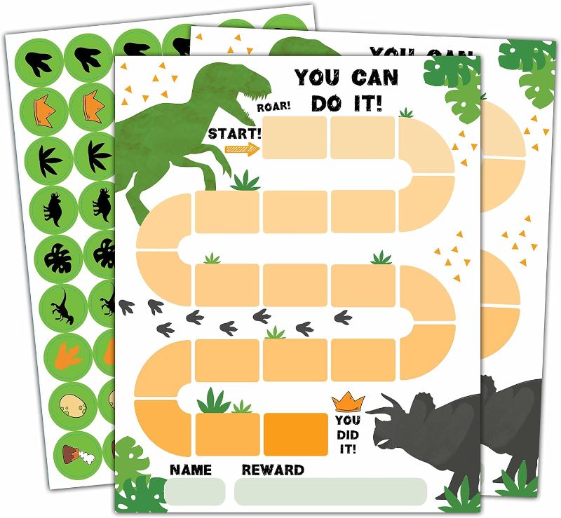 Photo 1 of 10 Dinosaur Reward Chart with 216 Round Stickers, Incentive Behavior Chart for Kids at Home Classroom, Kids Routine Daily Chore Sticker Chart-A09