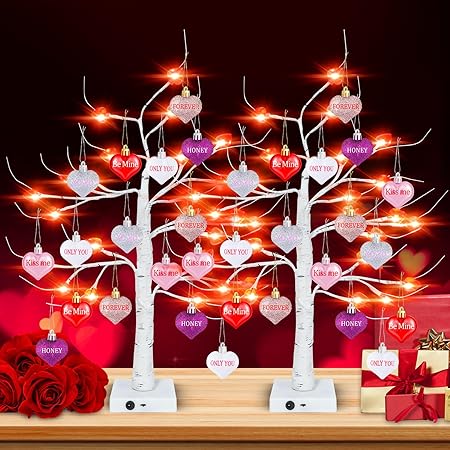 Photo 1 of 2 Pcs Valentines Day Tree Decorations Tabletop, 24 Inch Lighted Valentine Trees with Heart Shaped Ornaments, Light Up Artificial Birch Tree for Valentines Home Decor, Timer USB & Battery Operated