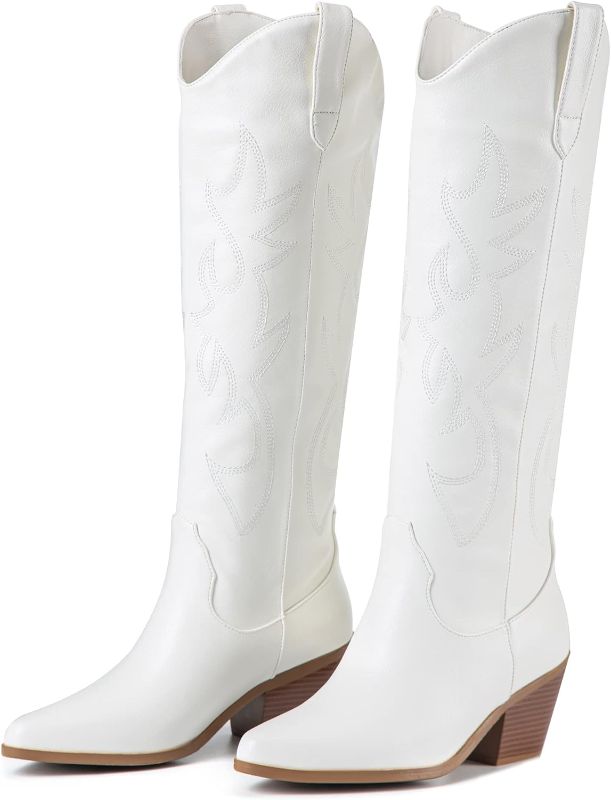 Photo 1 of ZXHYZLZ Women's Cowboy Boots Knee High Seam Mid Heel Block Heel Almond Pointed Toe Fashion Classic Cowgirl Boots Slip-On