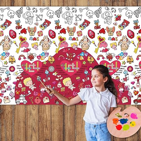 Photo 1 of 3PC Valentines Day Giant Coloring Poster/Tablecloth-Valentines Day Crafts for Kids-108 x 54 Inches Jumbo Paper Coloring Table cover Kids Gifts Activities Toys Party Classroom Valentines Decorations