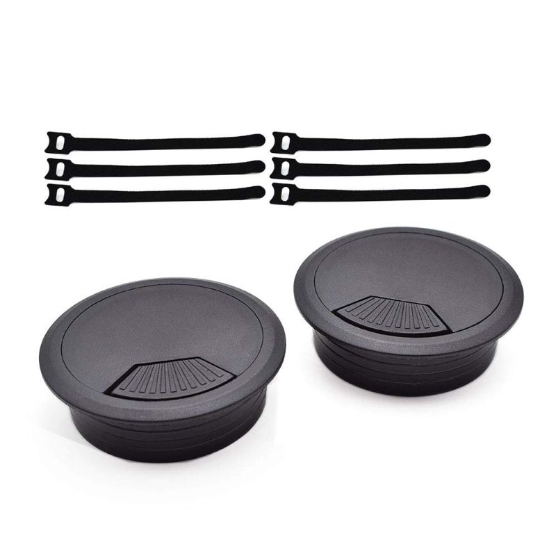 Photo 1 of 2 Inch (50mm) Black Wire Grommets and Cable Ties Kit ABS Plastic Desk Hole Cover Cord Organizer for Computer Desk Cabinet (2pcs Desk Grommets + 6pcs Reusable Ties)