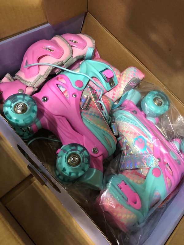 Photo 2 of Kids Roller Skates, Sportneer 4 Size Adjustable Roller Skates for Kids Ages 6-12 Light Up Roller Skates with Protective Gears Illuminating Wheels Gift for Kids Toddler Beginner Small (12C-1.5Y) Pink