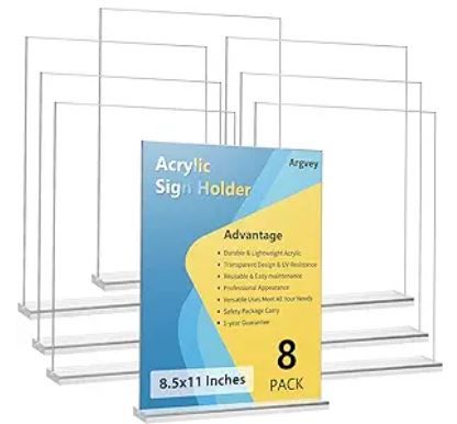Photo 1 of 12 Pcs Acrylic Sign Holder with Business Card Holder Slanted Paper Stand Flyer Display Stand Acrylic Sign Stand Heavy Duty Plastic Signs Stand for Advertisement Brochure, Clear (8.5 x 11 Inch)
