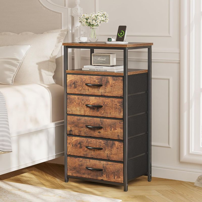 Photo 1 of 5 Drawers Dresser with Charging Station, Dresser for Bedroom, Tall Night Stand, Chest of Drawers with Open Shelf, Bedside Table Nightstand, Fabric Dresser, for Entryway, Rustic Brown
