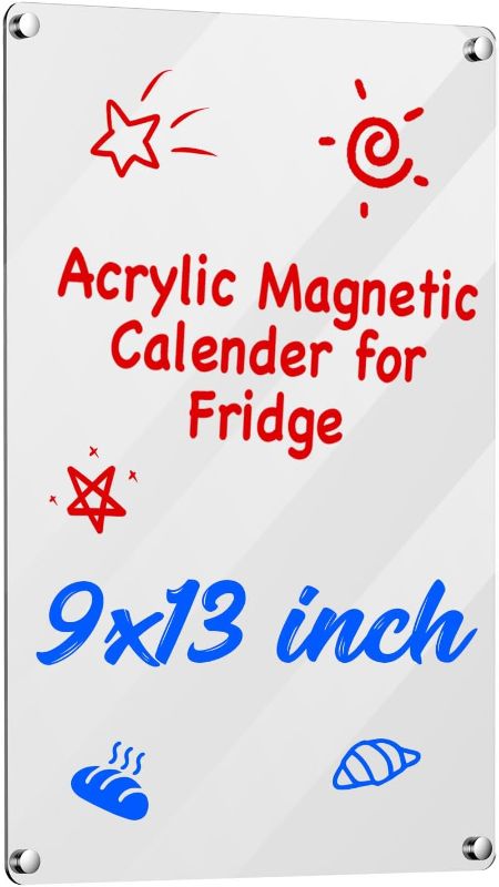 Photo 1 of Acrylic Calendar for Fridge, 9”x13", 1 pcs Magnetic Fridge Calendar Dry Erase, Clear Calendar for Fridge, 3 Dry Erase Markers
