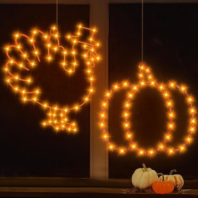 Photo 1 of [Large Size & 112 LED Lights] 2 Pack 12 Inch Thanksgiving Window Lights Turkey Lights Pumpkin Decorations with Suction Cup Battery Operated Fall Thanksgiving Window Decor for Indoor Outdoor Home Party
