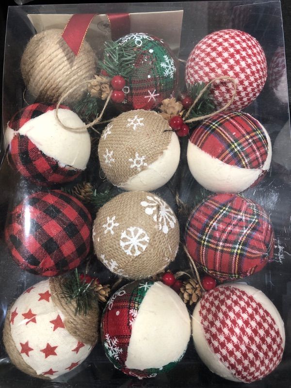 Photo 2 of 12 Pcs Burlap Christmas Ball Ornaments, 3.15 Inches Rustic Buffalo Plaid Christmas Tree Ornaments, Natural Jute Farmhouse Decorations for Xmas Tree, Holiday, Party