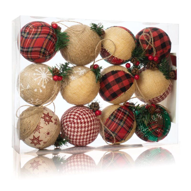 Photo 1 of 12 Pcs Burlap Christmas Ball Ornaments, 3.15 Inches Rustic Buffalo Plaid Christmas Tree Ornaments, Natural Jute Farmhouse Decorations for Xmas Tree, Holiday, Party