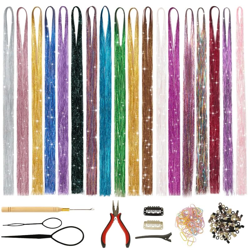 Photo 1 of BARSDAR Hair Tinsel Kit With Tool, 18 Colors 3600 Strands Shiny Tinsel Hair Extensions Fairy Glitter Sparkling Hair for Women Colorful Hair Highlights for Christmas Halloween Cosplay Party
