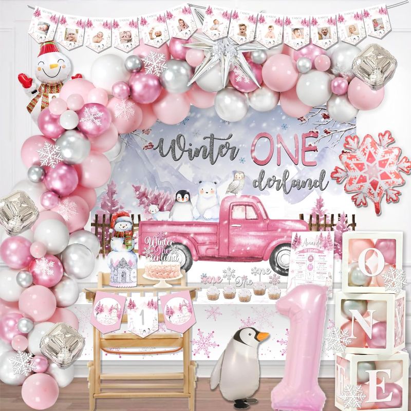 Photo 1 of 151 PCs Winter Onederland 1st Birthday Decorations for Girl, Fiesec Frozen Snowflake First Party Decorations Backdrop Banner Balloon Garland Tablecloth Cake Cupcake Topper Box Cutout Crown Poster