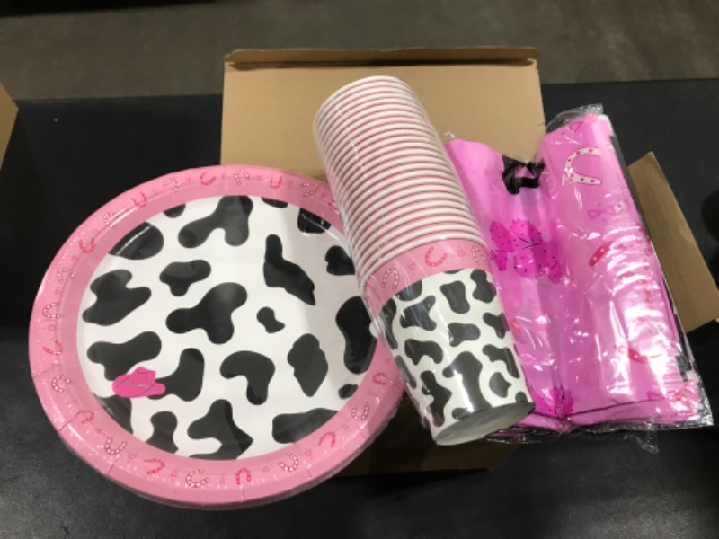 Photo 1 of 195 Pcs Pink Cow Party Supply Tableware Set Serve 48 Last Rodeo Bachelorette Tablecloth Dinner Dessert Plate Cup Napkin Dinnerwear Kit for Farm Animal Cowgirl Cowboy Party Bride Baby Shower Decoration