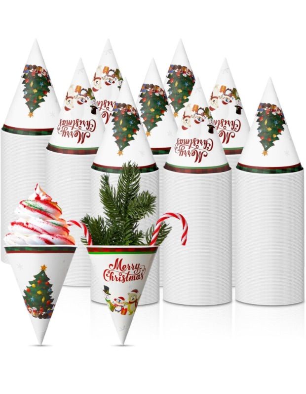 Photo 1 of 200 Pcs 6 oz Christmas Cone Cups Christmas Disposable Water Cup Xmas Party Supplies Candy Design Ice Cream Paper Cone Cups for Kids Christmas Disposable Cups for Drink Water Shaved Ice