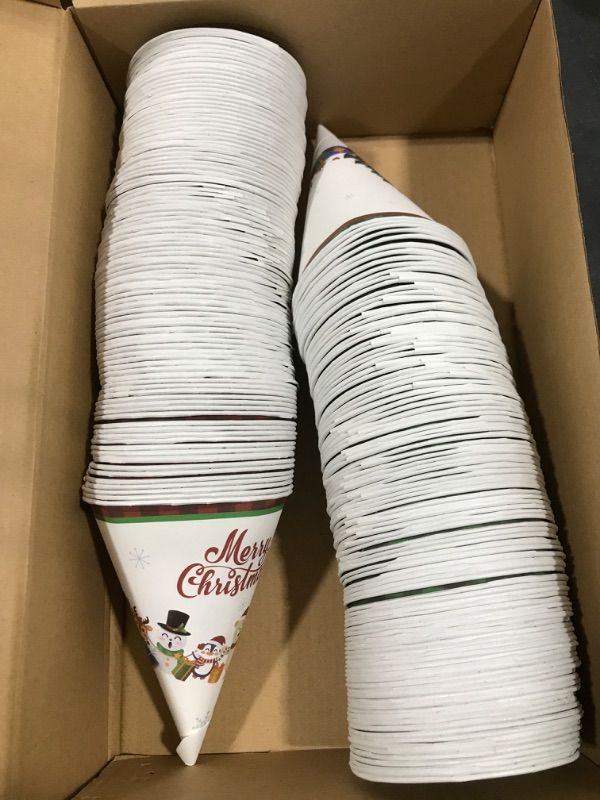 Photo 1 of 200 Pcs 6 oz Christmas Cone Cups Christmas Disposable Water Cup Xmas Party Supplies Candy Design Ice Cream Paper Cone Cups for Kids Christmas Disposable Cups for Drink Water Shaved Ice