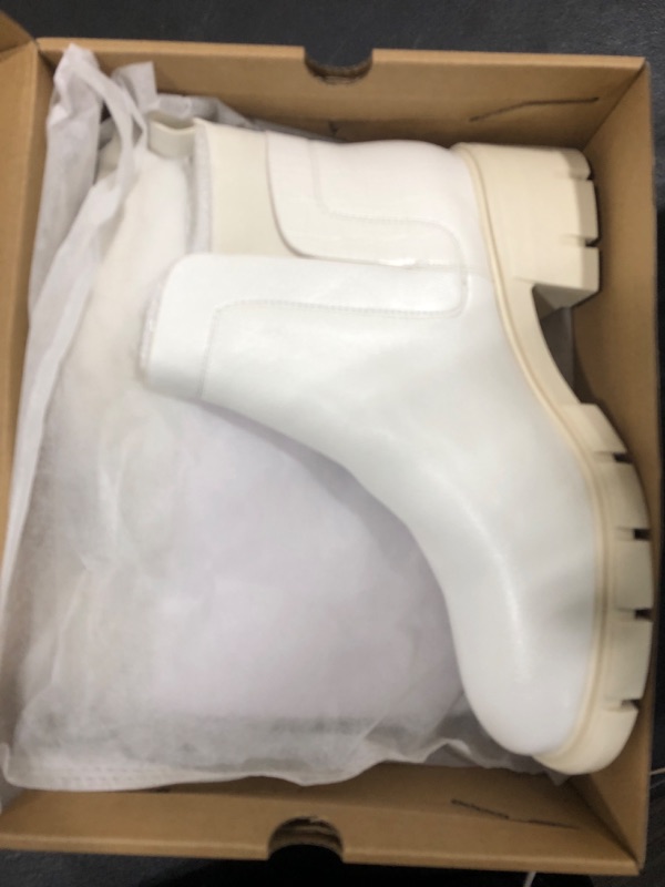 Photo 2 of [Size 9] Athlefit Women's Chelsea Boots Fashion Lug Sole Chunky Heel Slip on Elastic Ankle Booties 7 White