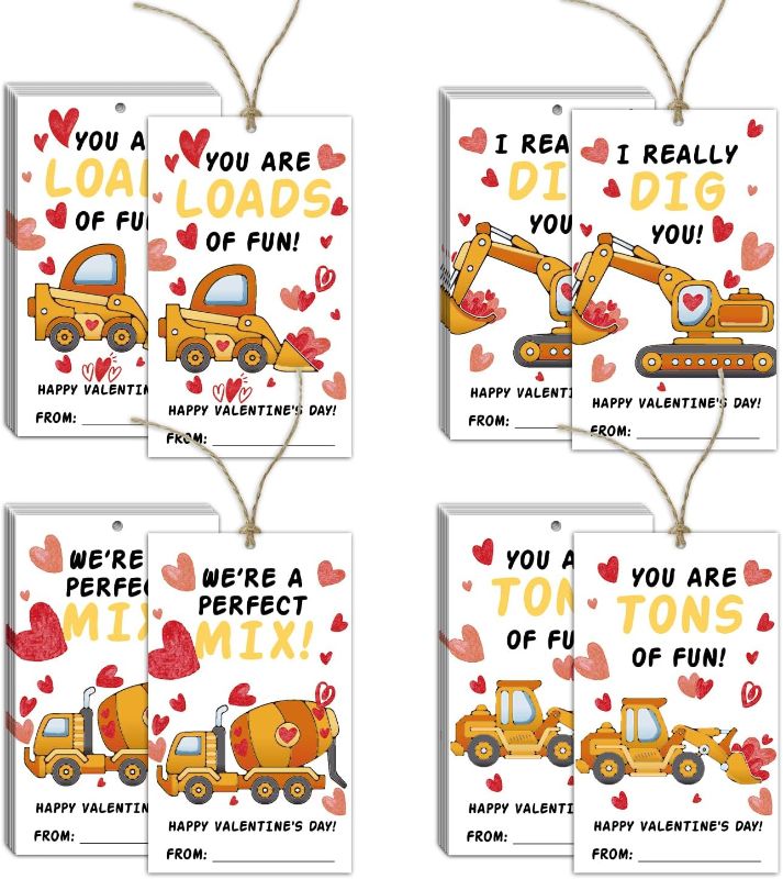 Photo 1 of 40PCS Valentine's Day Paper Gift Tags with String, 4 Styles Construction Vehicle DIY Present Wrap Hang Label with Twine, Kids Hang Name Label, Valentine's Day Anniversary Party Wrapping Supplies - 02
