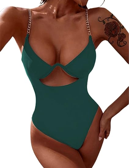 Photo 1 of [Size M] Avanova Women's One Piece Swimsuit V Neck Cutout Swimwear Chain Straps Bathing Suits Leek Green Medium