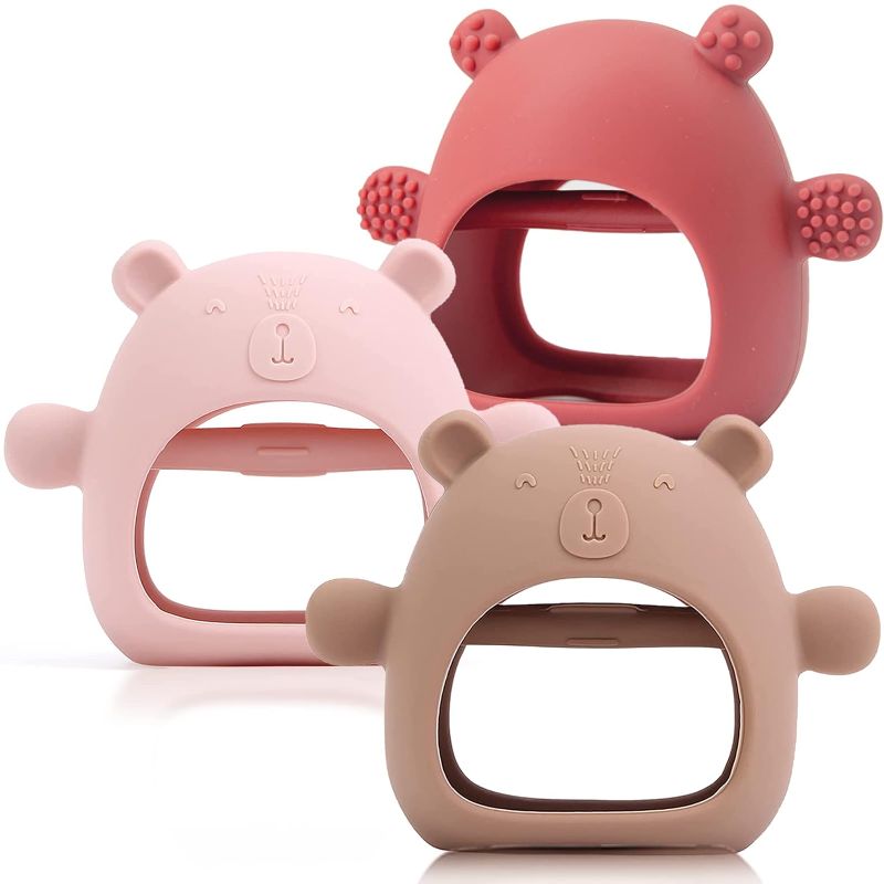 Photo 1 of 3 Packs Baby Teething Toy Silicone Bear Teething Mitten for Babies Over 3 Months Anti Dropping Wrist Hand Teethers Baby Chew Toys for Sucking Needs, BPA Free [Colors Vary] 
