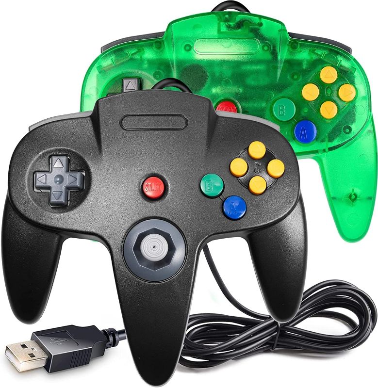 Photo 1 of 2 Pack Classic N64 Controllers Clear Green/Black