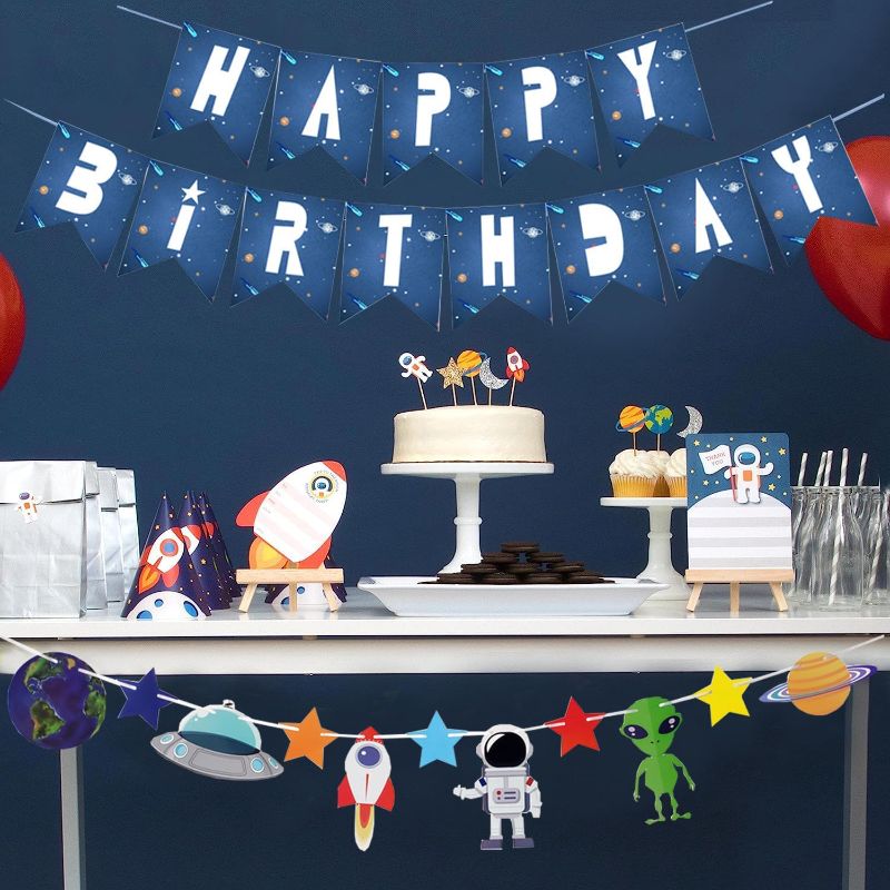 Photo 1 of 2 Pack of Solar System Happy Birthday Banner Universe Outer Space Brithday Party decorations Astronaut Rocket UFO Spaceman Universe Planet Galaxy Birthday Party Backdrop Hanging Decorations