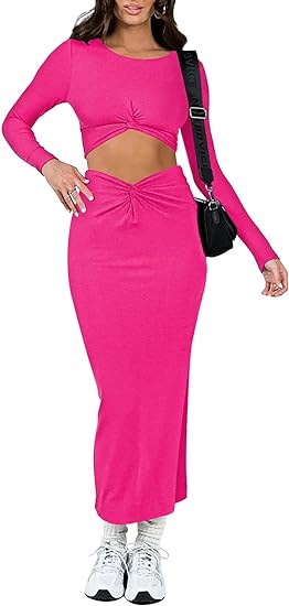Photo 1 of [Size XL] Duigluw Women Two Piece Outfits Skirt Set Long Sleeve Twist Crop Top Slit Midi Skirt Lounge Dress Set- Pink