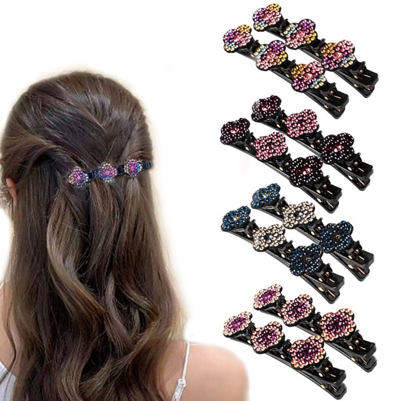 Photo 1 of 8PCS Satin Fabric Hair Bands, Braided Hair Clips with Sparkling Rhinestones for Women, Four-Leaf Clover Chopped Hairpin Duckbill Clip, Double Layer Braided Hair Clip for Girl Women Hair Styling(A)