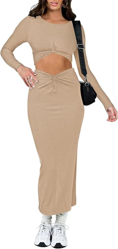 Photo 1 of [Size XL] Duigluw Women Two Piece Outfits Skirt Set Long Sleeve Twist Crop Top Slit Midi Skirt Lounge Dress Set