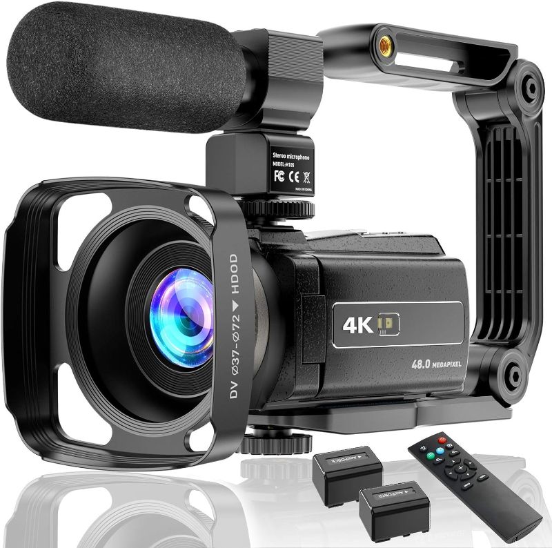 Photo 1 of 4K Video Camera Camcorder UHD 48MP WiFi IR Night Vision Vlogging Camera for YouTube Touch Screen 16X Digital Zoom Camera Recorder with Microphone, Handheld Stabilizer, Lens Hood, Remote,2 Batteries
