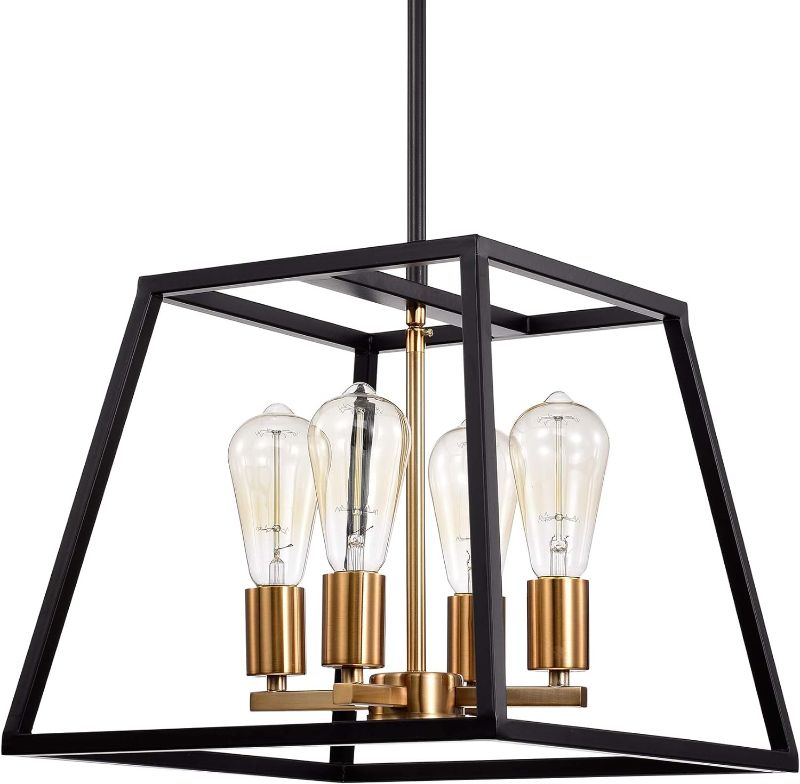 Photo 1 of 4-Light Chandelier Industrial Farmhouse Kitchen Island Pendant Light Fixture with Metal Frame in Matte Black and Polished Brass Finish for Living & Bedroom, Bar, Dining Room, Restaurant
