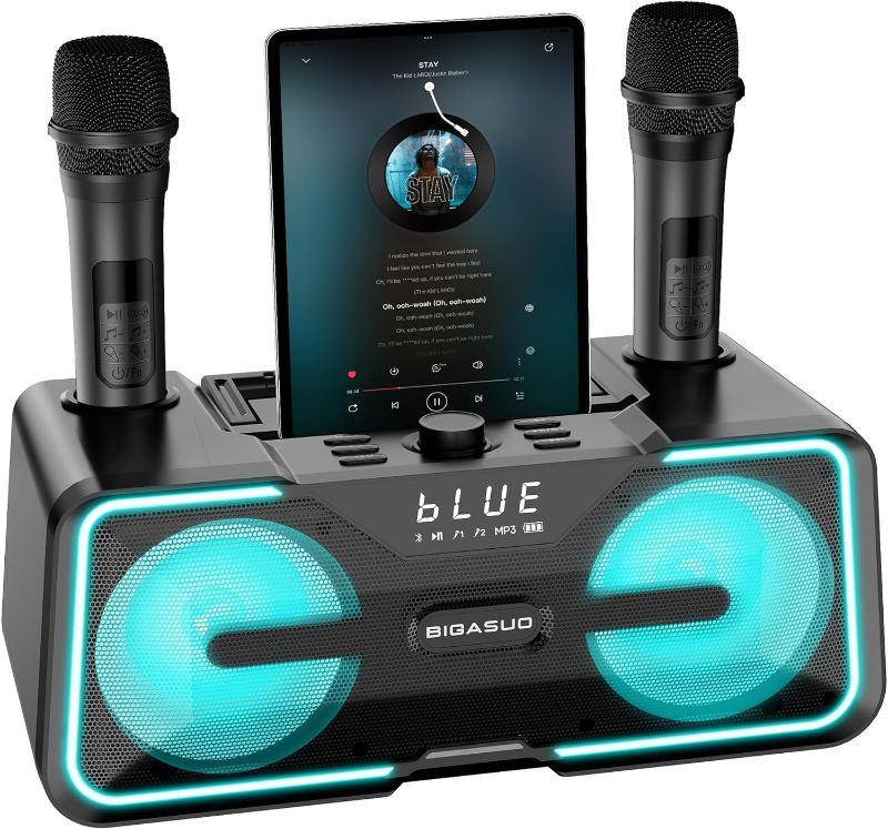 Photo 1 of BIGASUO Karaoke Machine for Adults Kids with 2 UHF Wireless Microphones, Portable Bluetooth Singing PA Speaker System with LED Lights for Home Party, Wedding, Church, Picnic, Outdoor/Indoor
