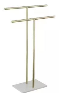 Photo 1 of 2-Tier Standing Towel Rack with Marble Base for Bathroom Floor Double-T Tall Bath Towel Sheet Holder in Brushed Gold
