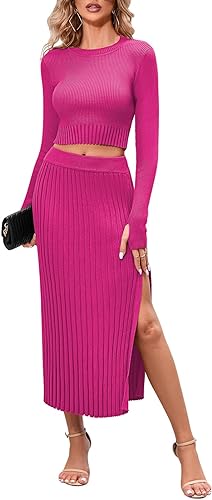 Photo 1 of Duigluw Women 2 Piece Outfits Winter Long Sleeve Crop Top Bodycon Pleated Skirt Knit Sweater Dress Set
size small