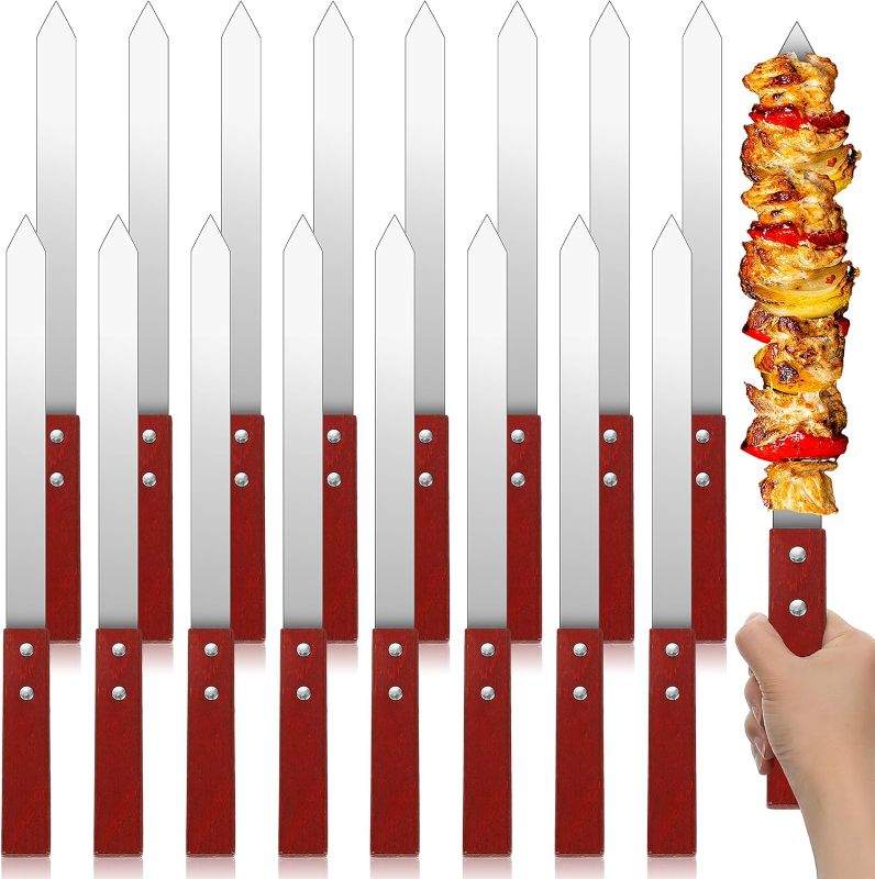 Photo 1 of 16 Pcs Heavy Duty Kabob Skewers 1 Inch Wide 2mm Thin Kabob Skewers BBQ Skewers Stainless Steel Metal Skewers for Grilling with Wooden Handles, Silver (17 Inch Long)
