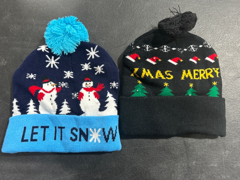 Photo 1 of 2 Pack LED Light Up Hat Beanie Knit Cap, Unisex Winter Snow Hat Sweater Ugly Holiday Hat Party Beanie Cap,with 6 Colorful Lights LED