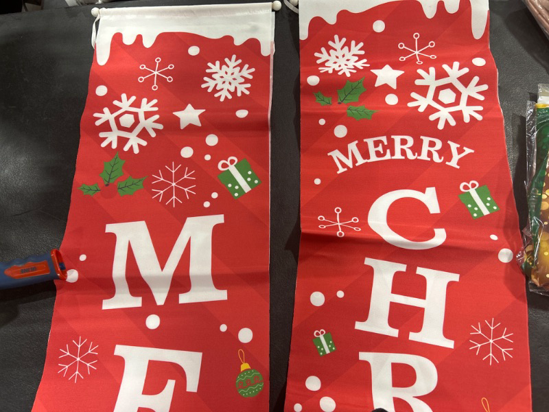 Photo 2 of 1 Pair Christmas Curtain Christmas Door Banner Christmas Couplet Christmas Porch Sign Nativity Decor Christmas Hanging Banners Xmas Porch Sign Polyester Cloth Ornament Lattice