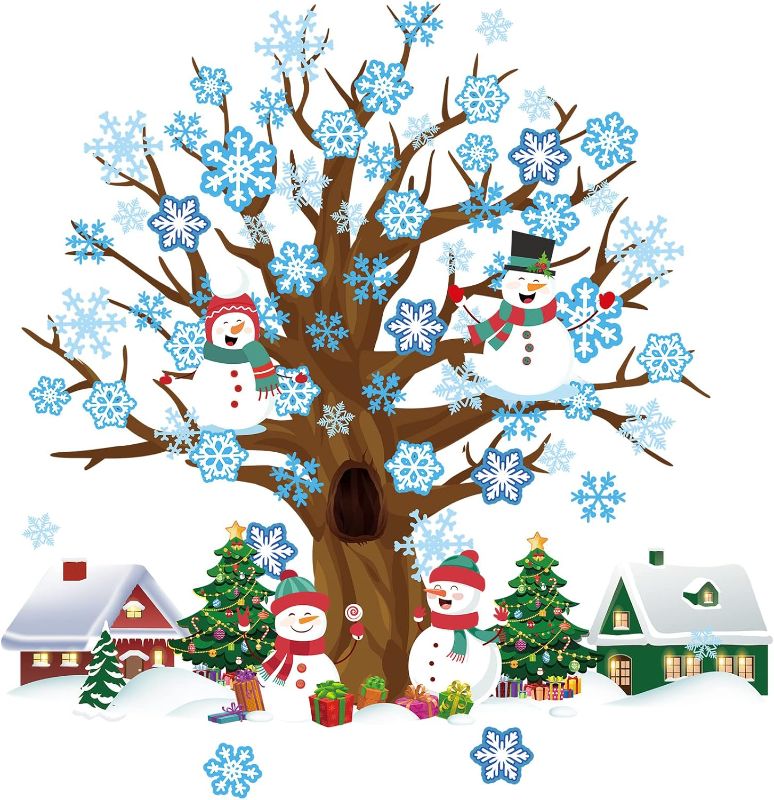 Photo 1 of 155 Pieces Winter Classroom Tree Bulletin Board Decoration Christmas Tree Bulletin Border Hollowed Out Snowflake Snowman Gift Box Cutouts For Xmas Home Wall Decor(Snowman Style)
